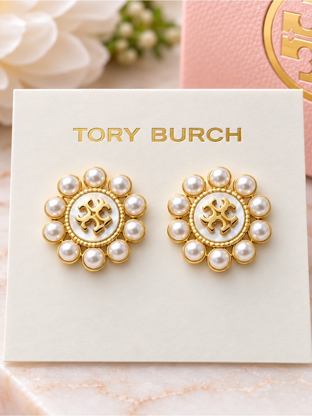 Tory Burch Gold Logo Pearl-Trim Stud Earrings